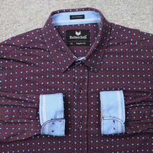 Buttercloth Flip Cuff Shirt Mens XL Red Geometric Icy Cotton Regular Fit L/S